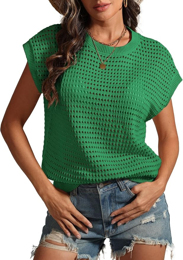 ATHMILE Womens Spring Tops Summer Shirts Beach Vacation Crochet Cap Sleeve Knit Sweater Pullover ... | Amazon (US)