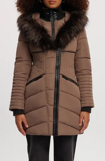 Noize Gigi Vegan Faux Fur Trim Quilted Parka in Mocha at Nordstrom Rack, Size Medium | Nordstrom Rack