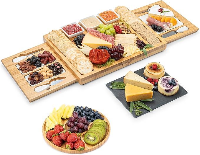 SMIRLY Bamboo Cheese Board and Knife Set: Large Charcuterie Board Set - Wine Meat Cheese Tray - U... | Amazon (US)