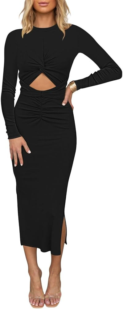 HUUSA Women's Long Sleeve Cutout Bodycon Dress Sexy Crewneck Twist Knot Ruched Slit Slim Fitted R... | Amazon (US)