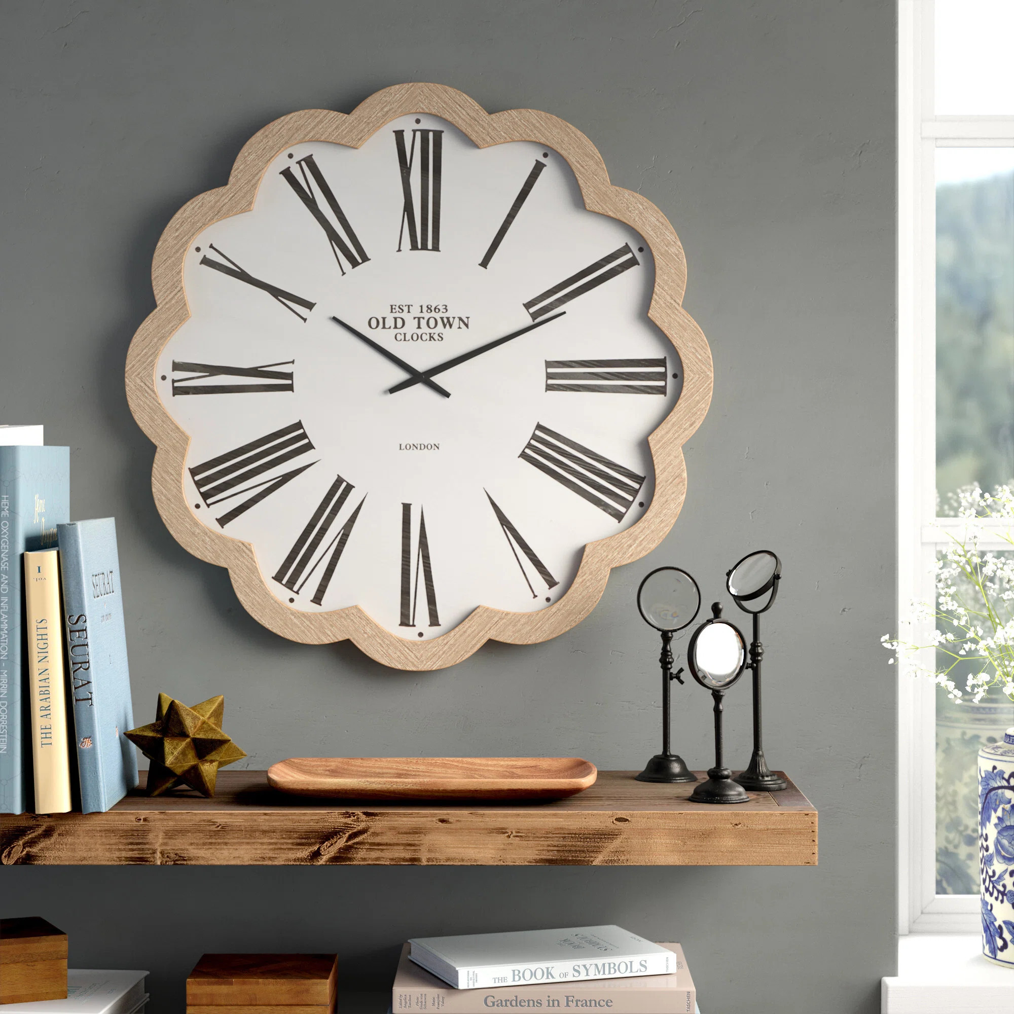 Wood Floral Shaped Decorative Wall Clock with Brown Scalloped Frame | Wayfair North America