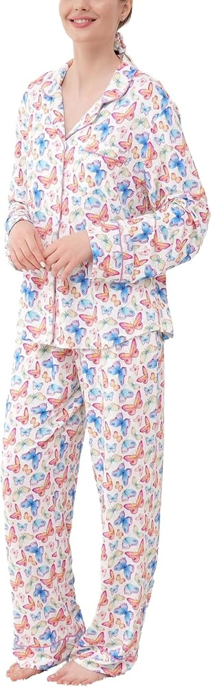 Womens Bamboo Viscose Pajama Sets Notch Collar Button Down Long Sleeve Sleepwear Comfy PJ Set | Amazon (US)