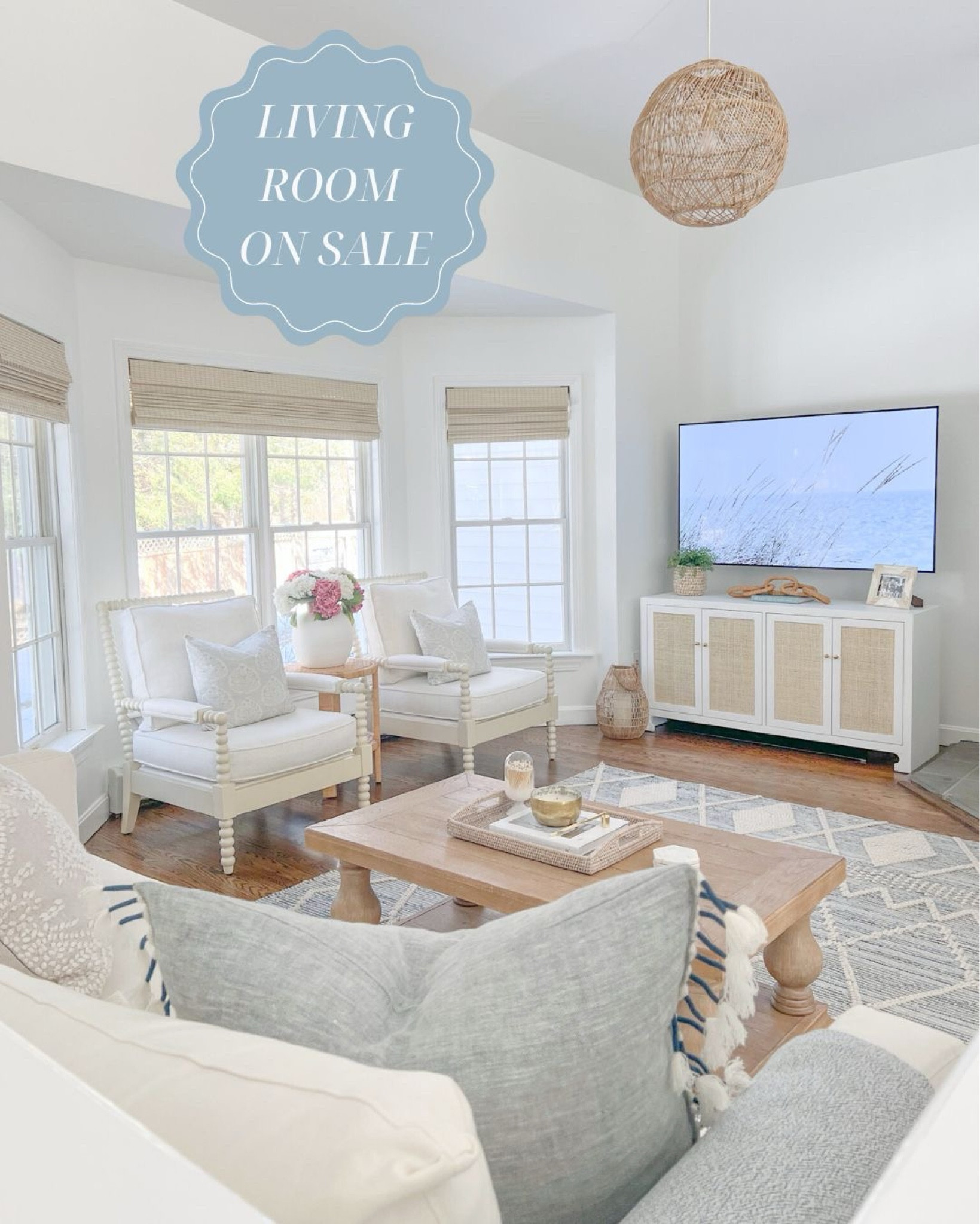 Several pieces in my living room are on sale, including my rug (30% off with free shipping), woven shades (tibet ivory color) and pendant light! 
----------- 
Living room decor, living room furniture, coastal living room, coastal home decor, coastal style, white sideboard, wayfair sideboard, woven sideboard, console table, tv stand, media center, faux plant, river grass planter, neutral sideboard, coastal interiors, beach house style, beach home, beach style, faux fern, hand woven bamboo lantern, rattan chain link, woven chain links, amazon coffee table books, coastal coffee table books, picture frames, photo frames, faux plants, planters, amazon decor, amazon home accessories, coastal decor, coastal interiors, beach home, beach house decor, beach home style, neutral coffee table, Ryder rug, blue & white rugs, coastal rugs, Serena & Lily rugs, living room rug, 8x10 rugs, 9x12 rugs, 10x13 rugs, 5x8 rugs, coastal pillows, living room pillow covers, coastal pillows, neutral pillow cover, blue pillow cover, rectangular coffee table, light wood coffee table, pottery barn coffee table, coastal coffee table, living room furniture, woven shades, woven blinds, coffee table decor, rattan serving tray, Amazon candle, coffee table book, Amazon coffee table books, candle wick trimmer, upholstered armchair, spindle chair, blue table lamp, coastal table lamp, Cabot side table, coastal side table, living room end table, white side table, slipcovered sofa, white couch, blue and white living room, blue and white decor, black friday sales, cyber monday sales#LTKCyberWeek

#LTKFindsUnder100 #LTKHome #LTKSaleAlert