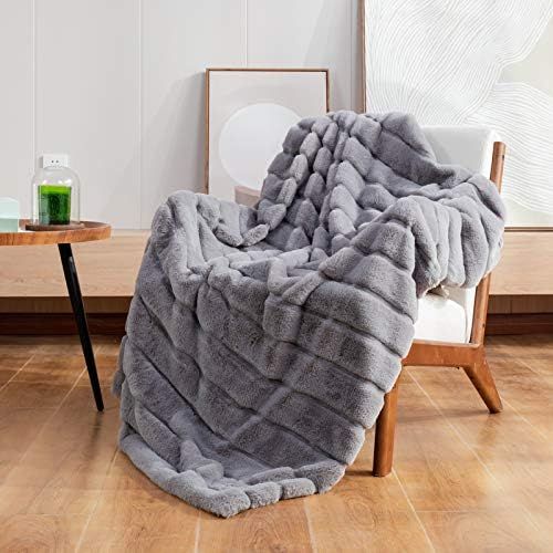 Cozy Bliss Luxury Super Soft Striped Faux Fur Throw Blanket for Couch, 50"x 60" Grey Marl, Warm M... | Amazon (US)