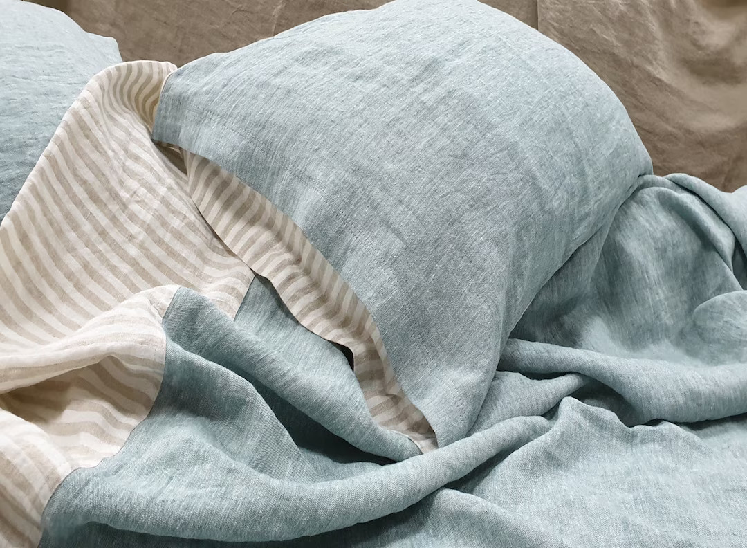 Linen DUVET COVER from melange bluish green and natural striped softened linen - Twin Queen Cal K... | Etsy (US)