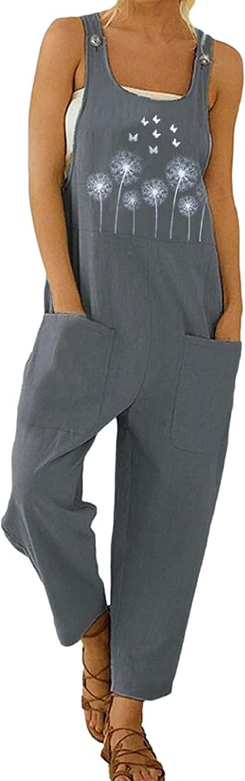 Gihuo Women's Cotton Linen Overall Flower Print Loose Fit Bib Overall Jumpsuit | Amazon (US)