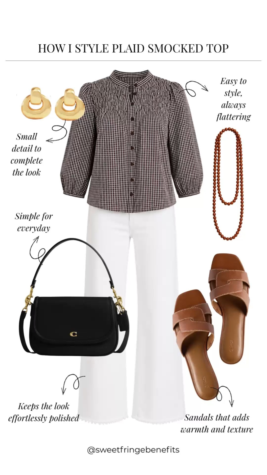 This plaid smocked top is an easy, flattering piece to dress up or down. Paired with white jeans and warm brown sandals, it creates a polished everyday look with classic appeal.

💡 LTK MADE EASY
❤️ Heart = Support my posts!
🔖 Save = Get sale & restock alerts
📋 Lists = Keep favorites organized
📲 Share = Send lists and products to a friend. Hello, Christmas List!
💬 Comment = Ask me anything about what I'm wearing.:-)