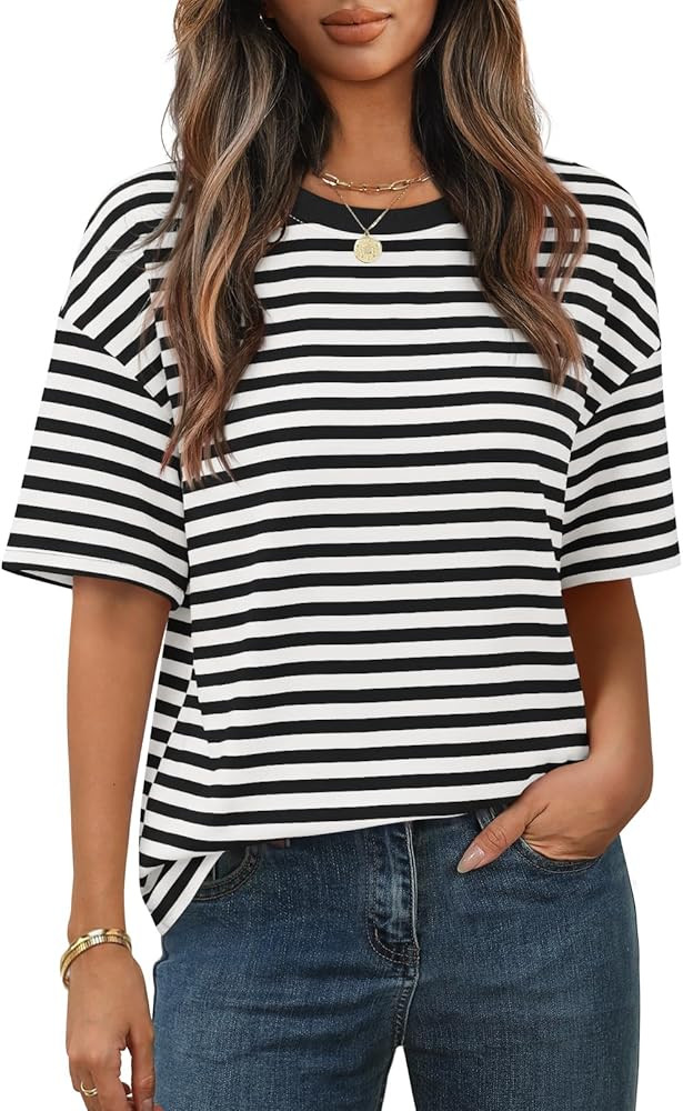 MEROKEETY Women's 2026 Summer Short Sleeve Tops Casual Colourful Striped Crewneck Loose Work T Sh... | Amazon (US)