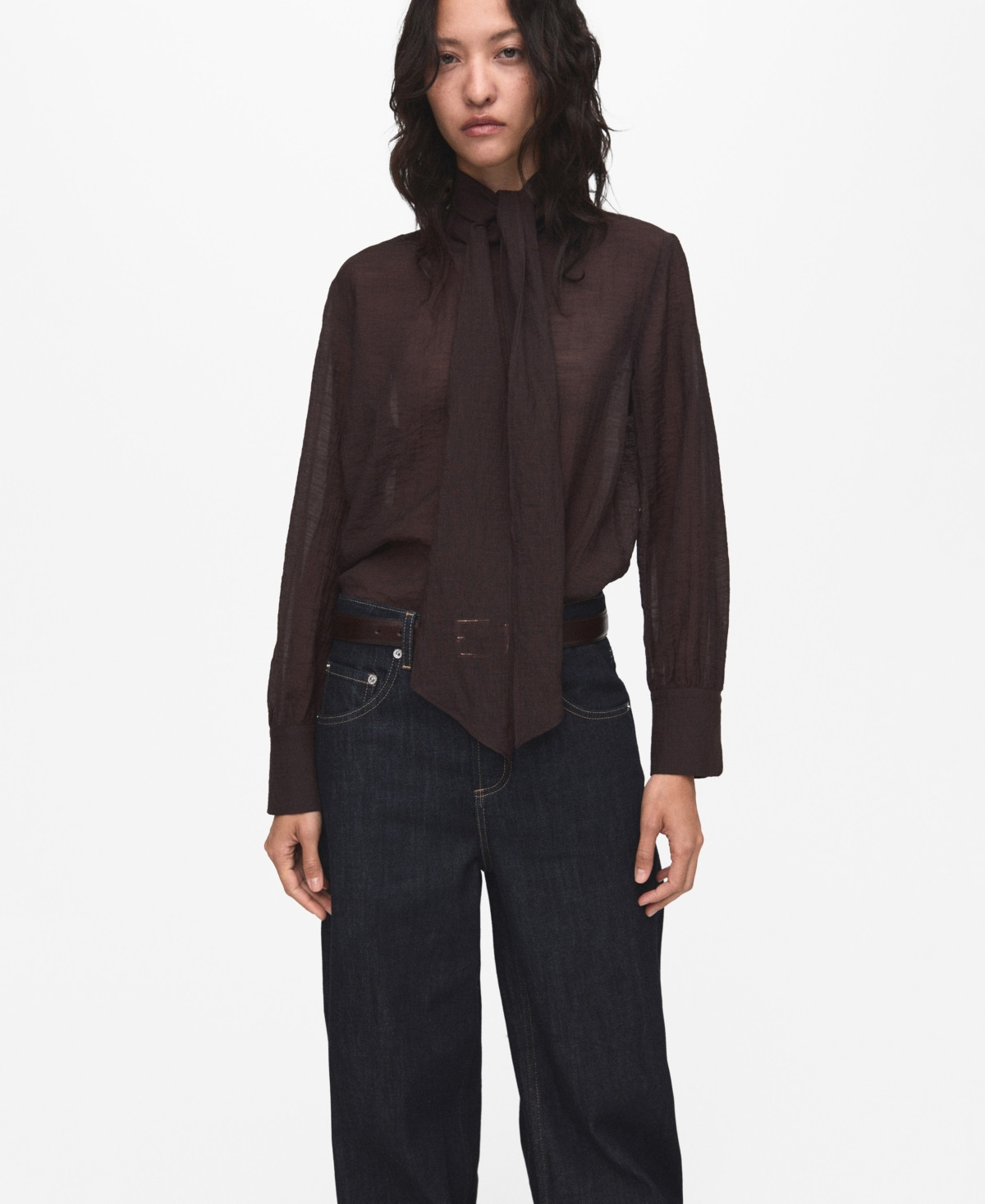 Mango Women's Foulard Detail Textured Blouse - Chocolate | Macy's