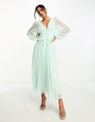 ASOS DESIGN button through ruched waist pleated midi dress in metallic dobby in pale green | ASOS (Global)