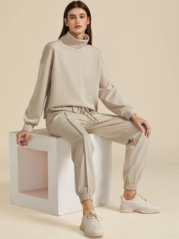 SHEIN Premium Drop Shoulder Solid Pullover & Drawstring Waist Joggers Set | SHEIN