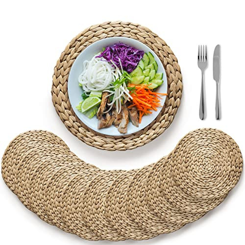 (Sizes:12"-13''-14''-15'') BLUEWEST Woven Placemats (Set 10), Round Placemats Rattan Placemats, Wicker Water Hyacinth Placemats, Braided Placemat Set, Heat Resistant/Anti-Slip for Plate (15'', Set 10) | Amazon (US)