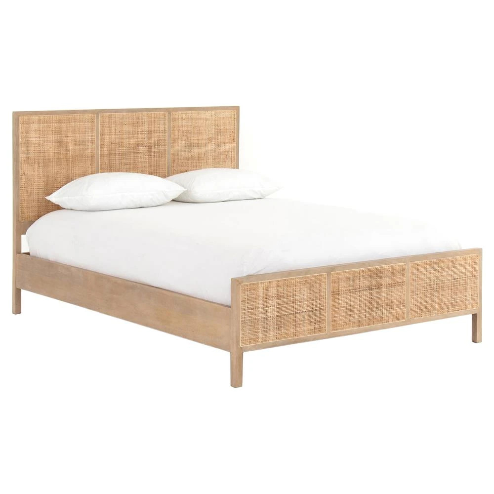 Rhian Coastal Beach Brown Woven Cane Mango Wood Bed | Kathy Kuo Home