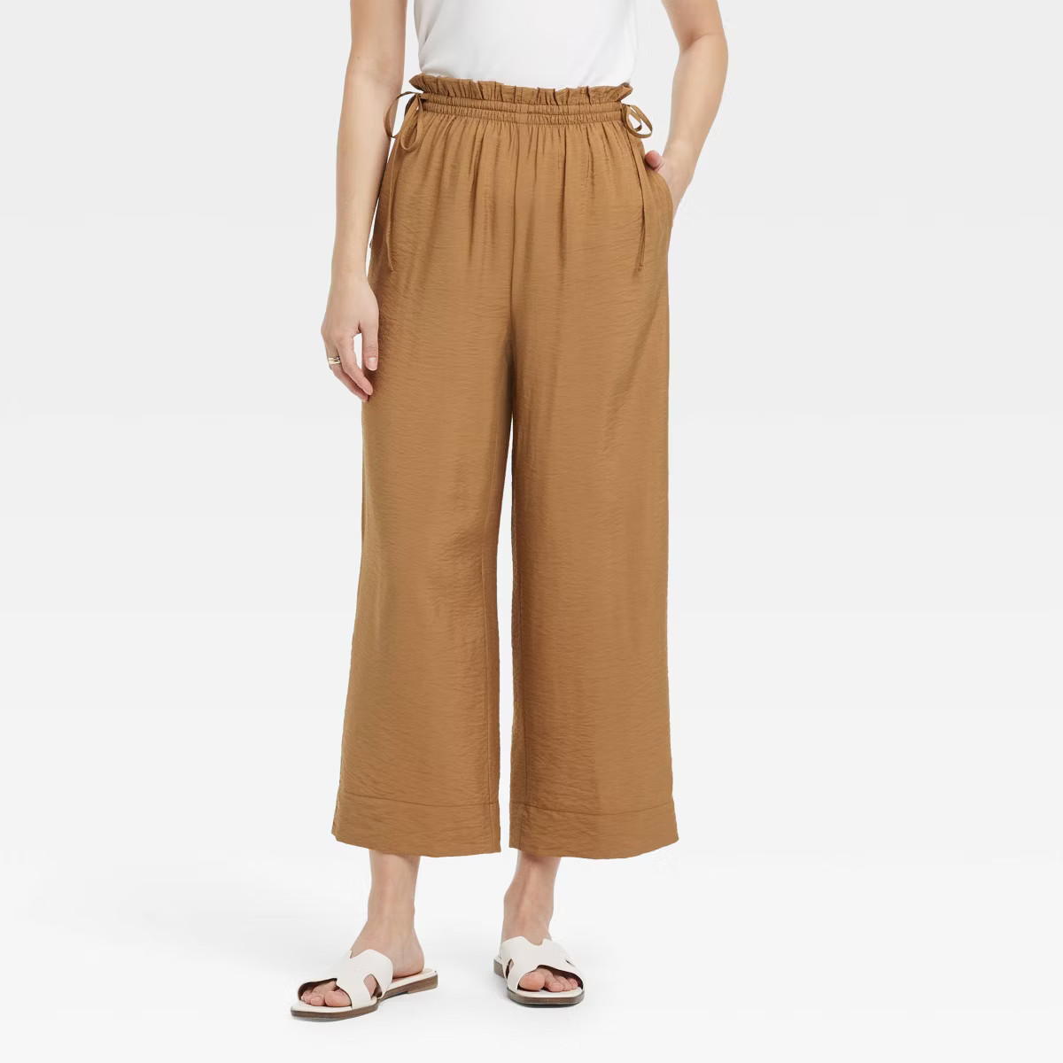 Women's High-Rise Straight Leg Side-Tie Pull-On Pants - A New Day™ Brown M: Ankle Length, Woven... | Target