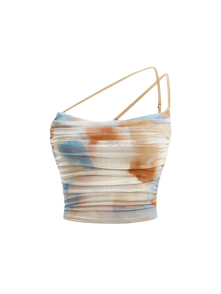 Floerns Women's Tie Dye Spaghetti Strap Cut Out One Shoulder Ruched Crop Cami Top | Amazon (US)