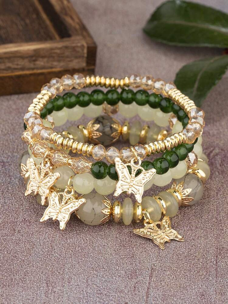 4pcs/Set Bohemian Elegant Delicate Butterfly Charm Beaded Bracelet Set, Suitable For Women's Daily Decoration | SHEIN