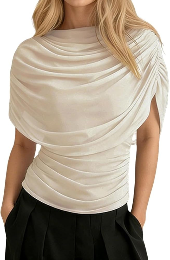 Women Dressy Draped Half Cape Sleeve Ruched Waist Tee Shirt Top Flowy Sheer Mesh Panel Boat Neck ... | Amazon (US)