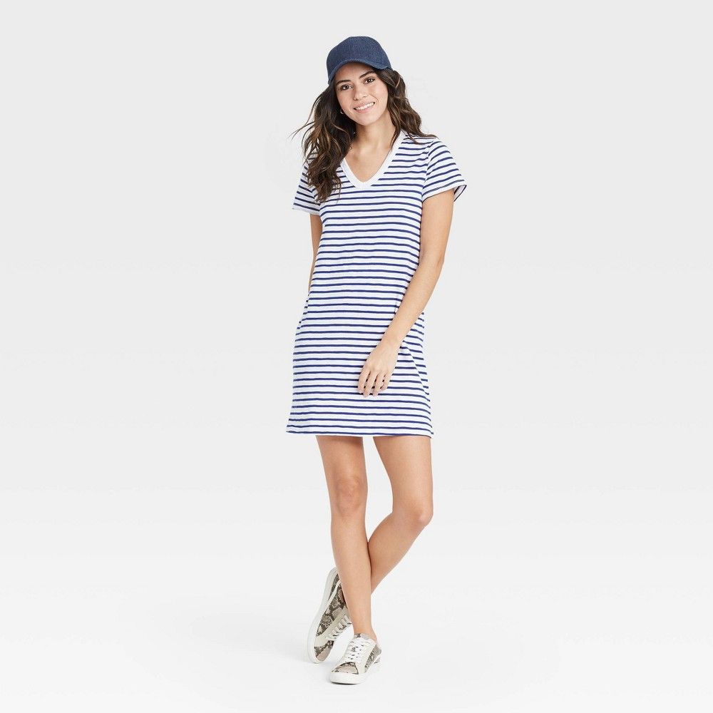 Women's Striped Short Sleeve T-Shirt Dress - Universal Thread Navy L, Blue | Target