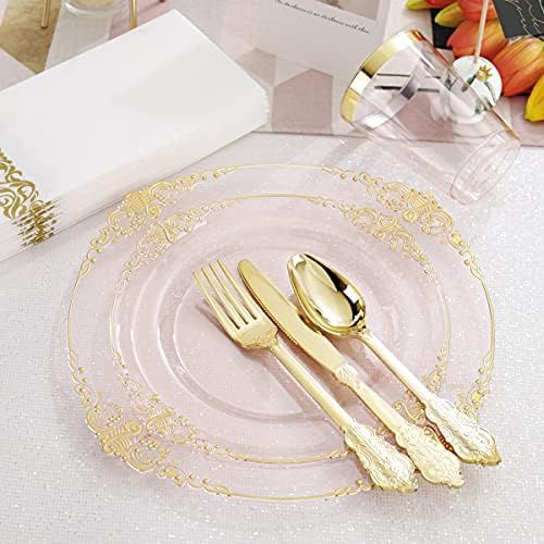 Hioasis 175pcs Clear Pink Plastic Plates - Gold Plastic Silverware include 25Dinner Plates 25Dessert | Amazon (US)