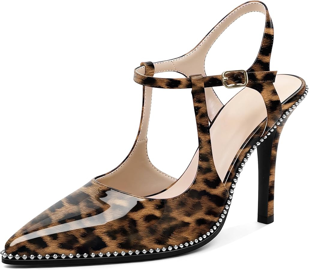 SAMMITOP Womens High Heels Ankle Strap Pointed Toe Stilettos Patent Leather Beaded Pumps Dress Sh... | Amazon (US)