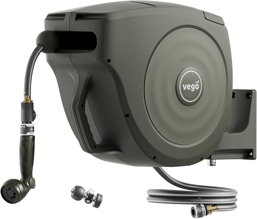 Garden Hose Reel Retractable 1/2" x 130ft Wall Mounted Hose Reel Automatic Rewind, Any Length Lock with 9 Patterns Sprayer Nozzle, Quick Connector and Adjustable shot Nozzle-Seaweed Green | Amazon (US)