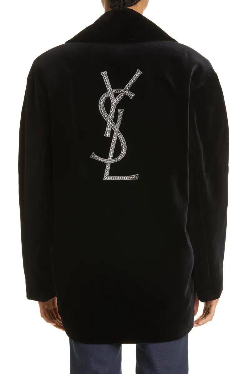 Saint Laurent Embroidered YSL Logo Cotton Velveteen Peacoat | Nordstrom | Nordstrom
