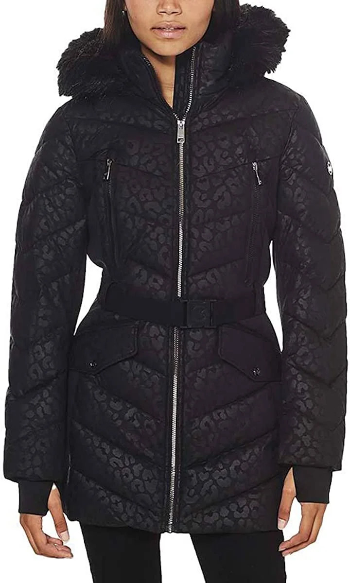 Michael Kors Logo Leopard Hooded Black Coat - Zip Closure Puffer Coat for Women - Fashionable Wom... | Walmart (US)