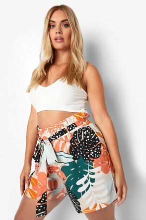 Plus Woven Tropical Woven Belted Shorts | Boohoo.com (US & CA)