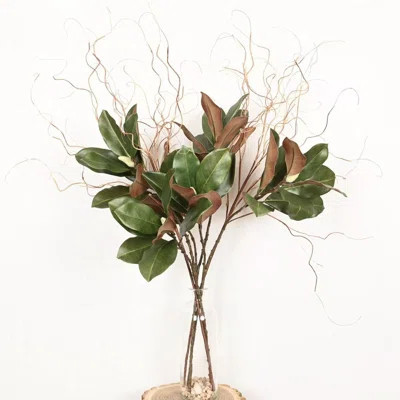 36" Artificial Magnolia Leaves Branch In Glass Vase With Faux Water, Farmhouse Foliage Long Stem For Wedding Party Home Office Table Centerpiece Shelf | Wayfair North America