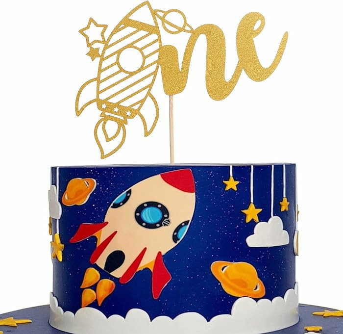 Gold Rocket One Cake Topper - Single-saide Gold Glitter 1st Birthday Rocket Cake Topper For Space... | Amazon (US)