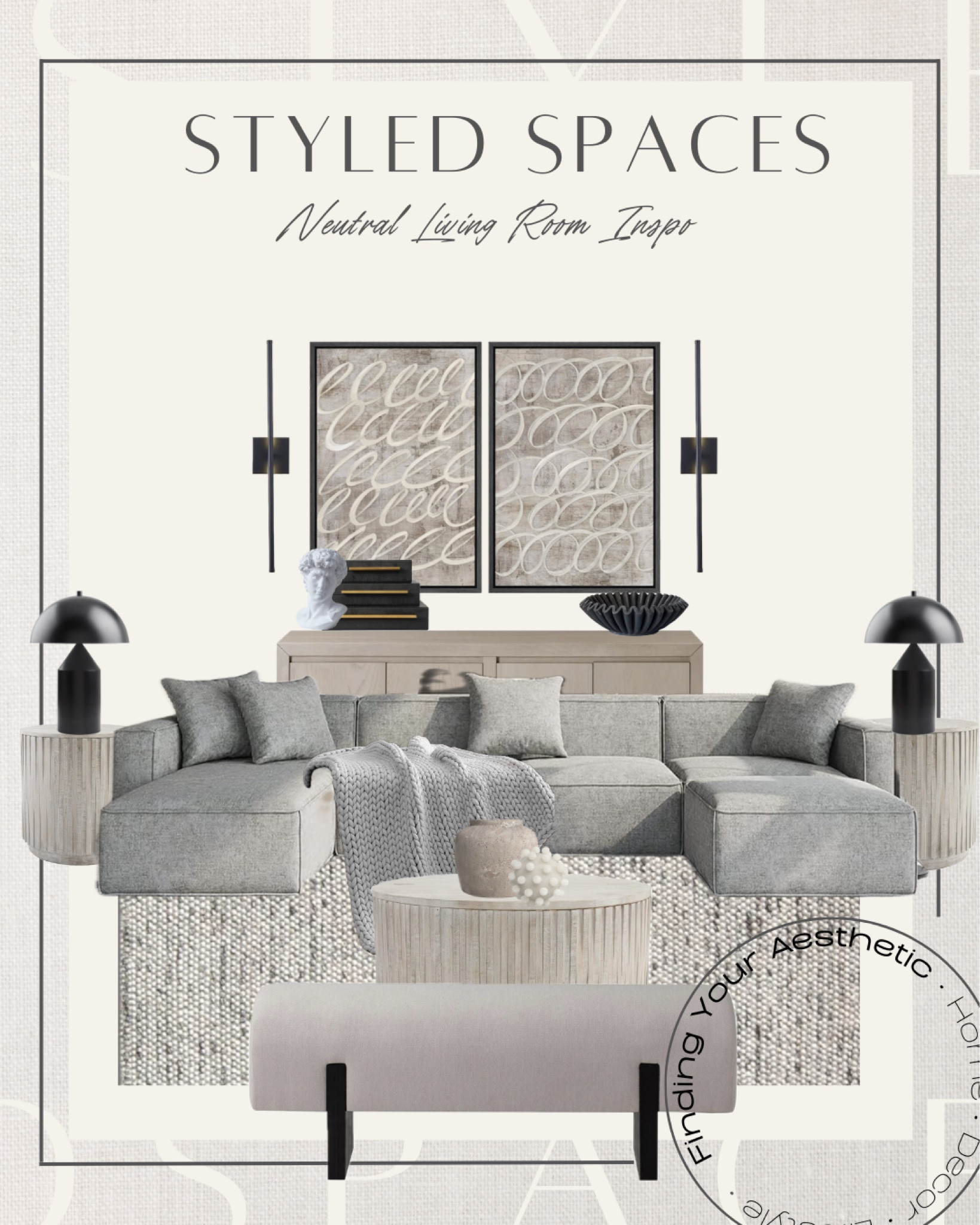 Neutral and Modern living room Inspo - get the designer look for less with these neutral home finds

Area rug grey // modern bench affordable // modular sectional neutral // square arm sectional // large sectional family room // RH sectional dupe // round coffee table modern // side table modern // black mushroom lamp // modern table lamp black // washed grey sideboard // loop wall art // Amazon wall art // modern wall sconces // organic modern vase // Amazon home finds // Walmart home // wayfair sale

#LTKstyletip #LTKhome #LTKsalealert