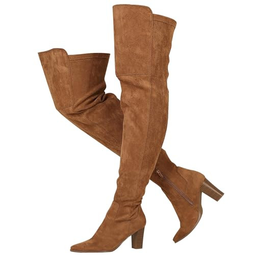 EQAUDES Over The Knee Boots for Women, Thigh High Brown Suede Boot With Block Heel, Pointed Toe Stretch Sexy Fall Boots 2024 | Amazon (US)