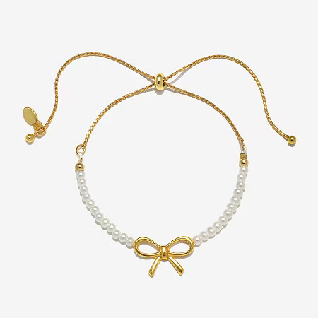 Bijoux Bar Delicates Gold Tone Simulated Pearl Link Bow Bolo Bracelet, One Size, Yellow | JCPenney