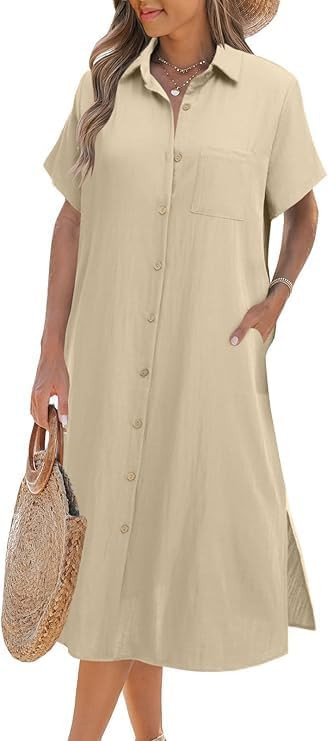 Zeagoo Womens Shirt Dress Summer Button Down Dress Swing Side Slit Midi Dresses with Pockets | Amazon (US)