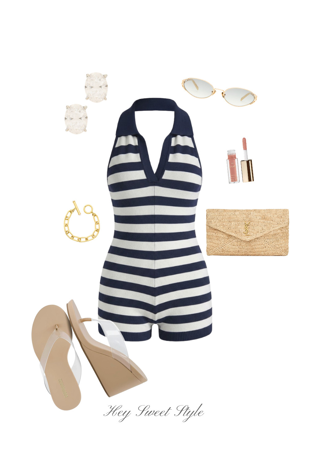 Vacation Outfit: Navy Striped Romper ☀️ 

 