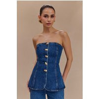 Lennox Strapless Long Line Button Top - Dark Blue I MESHKI I Size L | MESHKI US