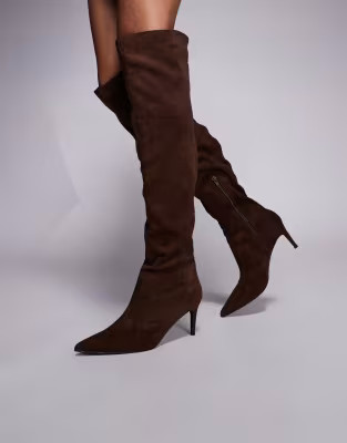 Public Desire Ellen pointed toe heeled knee boots in brown faux suede | ASOS | ASOS (Global)