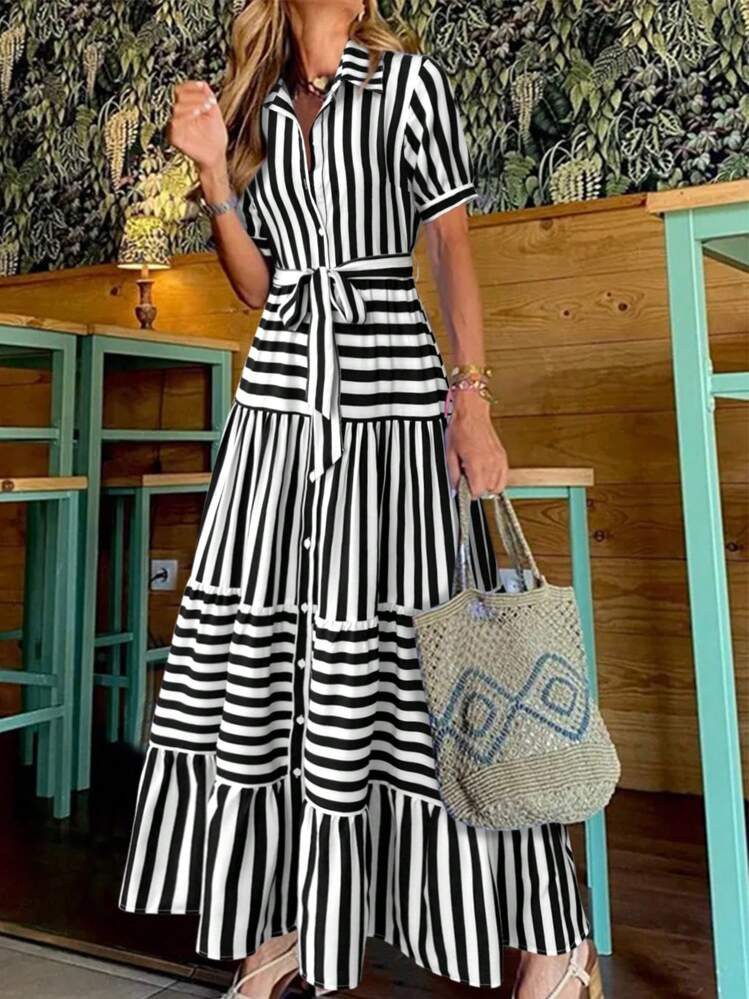 SHEIN Holidaya Striped Printed Single-Breasted Casual Shirt Dress With Ruffle Hem, Long Maxi Vaca... | SHEIN