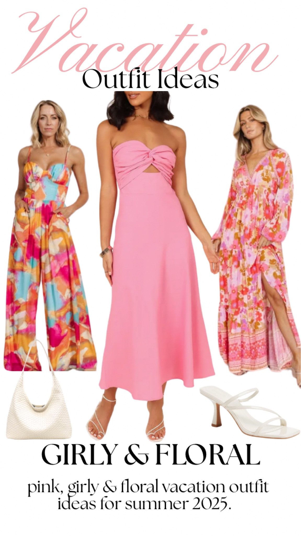 Summer Vacation Outfit Idea perfect for casual summer nights or daytime dressy! Pink, floral and fun! Mix and match and pair them all perfectly with white accessories! Like a white crochet bag and strappy sandals. 🌞 #vacationoutfit #summeroutfit #summerdress #vacationdress #dress #summer2025 #whitebag #whiteheels #sandals #summernights #summerdinner #summerparty #summerwedding #vacation #packinglist 

#LTKSeasonal #LTKswim #LTKtravel
