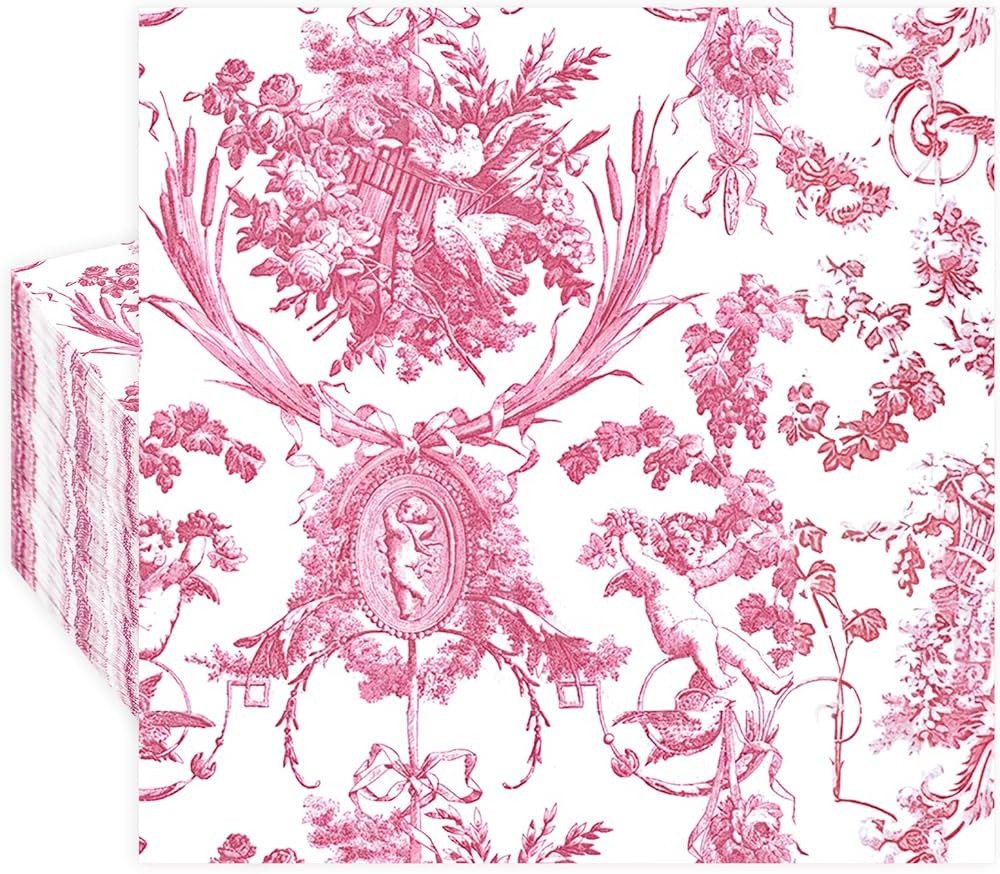 Epakh 100 Pcs Wedding Cocktail Napkins, Decoupage Romantic Pink Toile Rose Napkins Toile Chinoise... | Amazon (US)