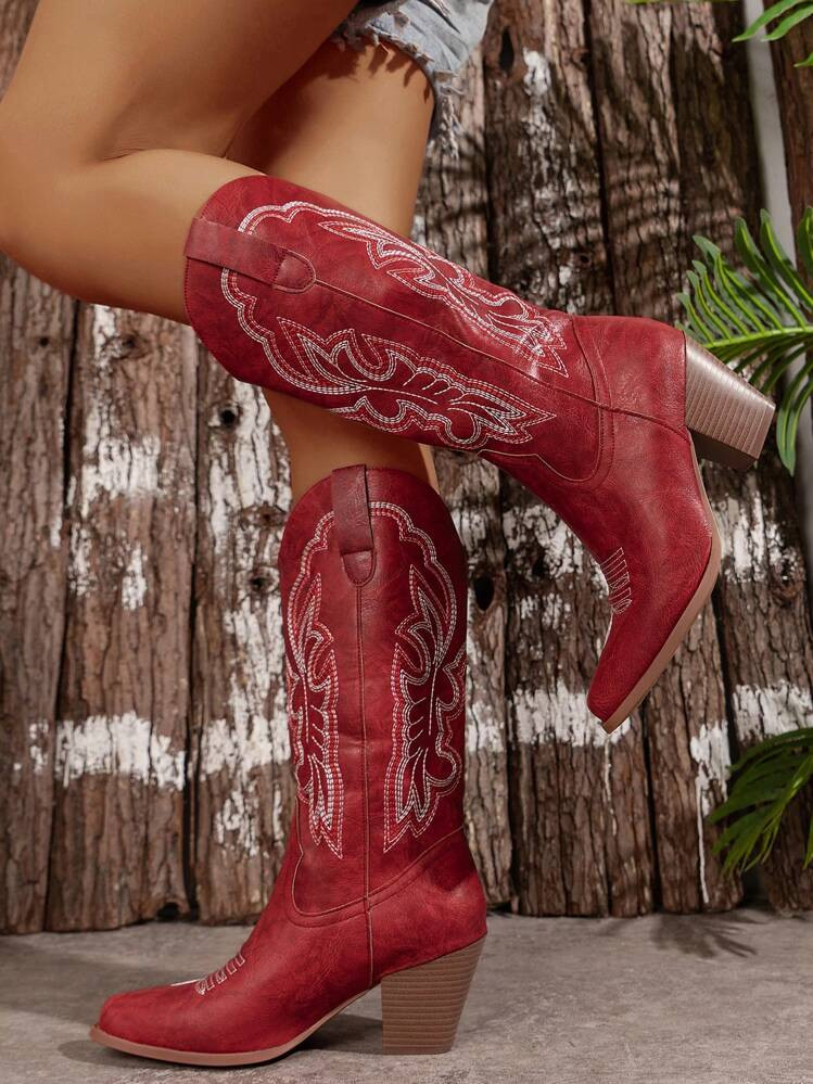 Women's 2024 Spring/Fall New Plus Size V-Cut Pointed Toe Thick Heel Embroidered Go With Sweater, Style With Corset Western Cowboy Ankle Boots | SHEIN
