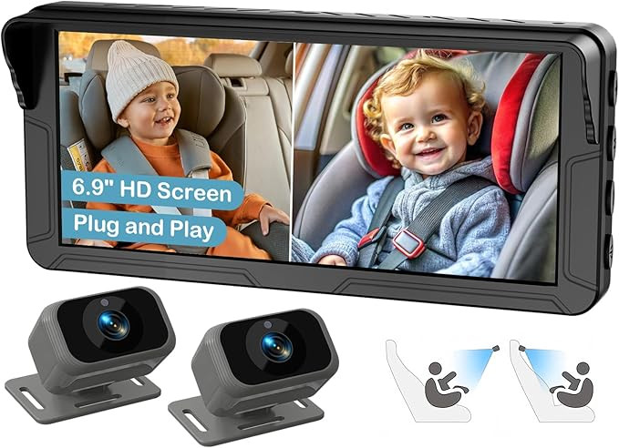 Dual Baby Car Camera for 2 Kids – 6.9” Split Screen Ultrawide HD Display with 2 Cameras, IR N... | Amazon (US)