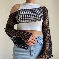 Crochet Black Fishnet Sleeves Crop Top, Mesh Y2K Knitted Top | Etsy (US)