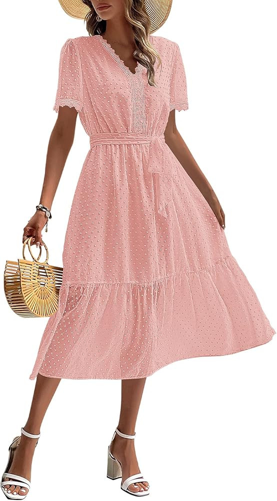 BTFBM Women 2023 Summer Boho Midi Dress Short Sleeve V Neck Swiss Dot Belted High Waist Ruffle Ti... | Amazon (US)