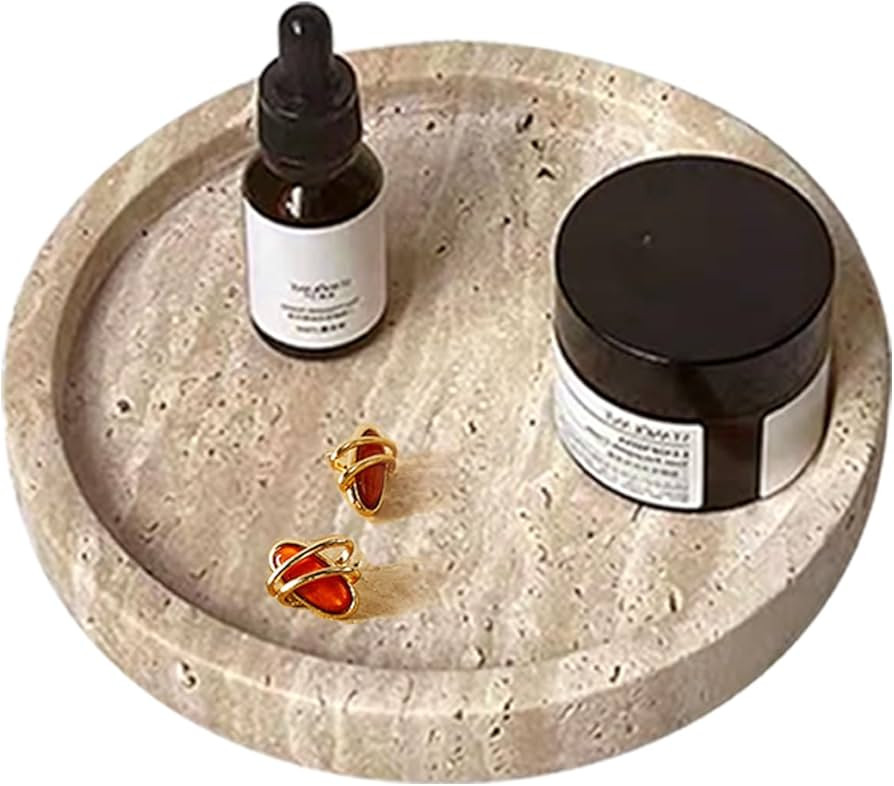 Real Travertine Tray for Jewelry Ring Dish, 5.9Inches Round Vanity Tray Marble Trinket Dish Decor... | Amazon (US)