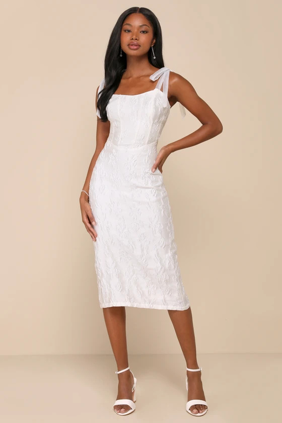 Gorgeous Persona White Satin Jacquard Tie-Strap Midi Dress | Lulus