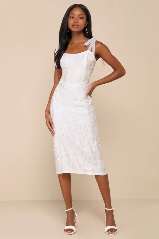 White Satin Jacquard Tie-Strap Midi Dress | Lulus Wedding Guest Dress Lulus | Lulus