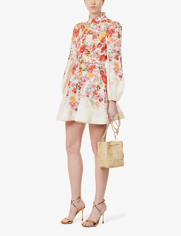 Wonderland puff-sleeves floral-print linen mini dress | Selfridges