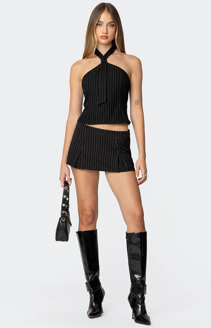 Edikted Women's Karine Pinstripe Pleated Mini Skort in Black - Size Small | PacSun