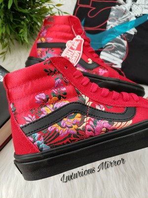 Vans Sk8-Hi Sz 6 Red Reissue Floral Embroidered Festival Satin Skate Shoes NEW | eBay US